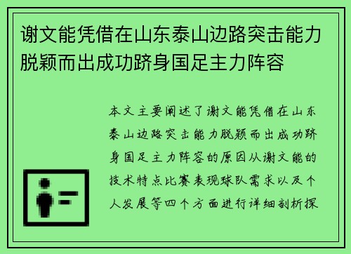 谢文能凭借在山东泰山边路突击能力脱颖而出成功跻身国足主力阵容